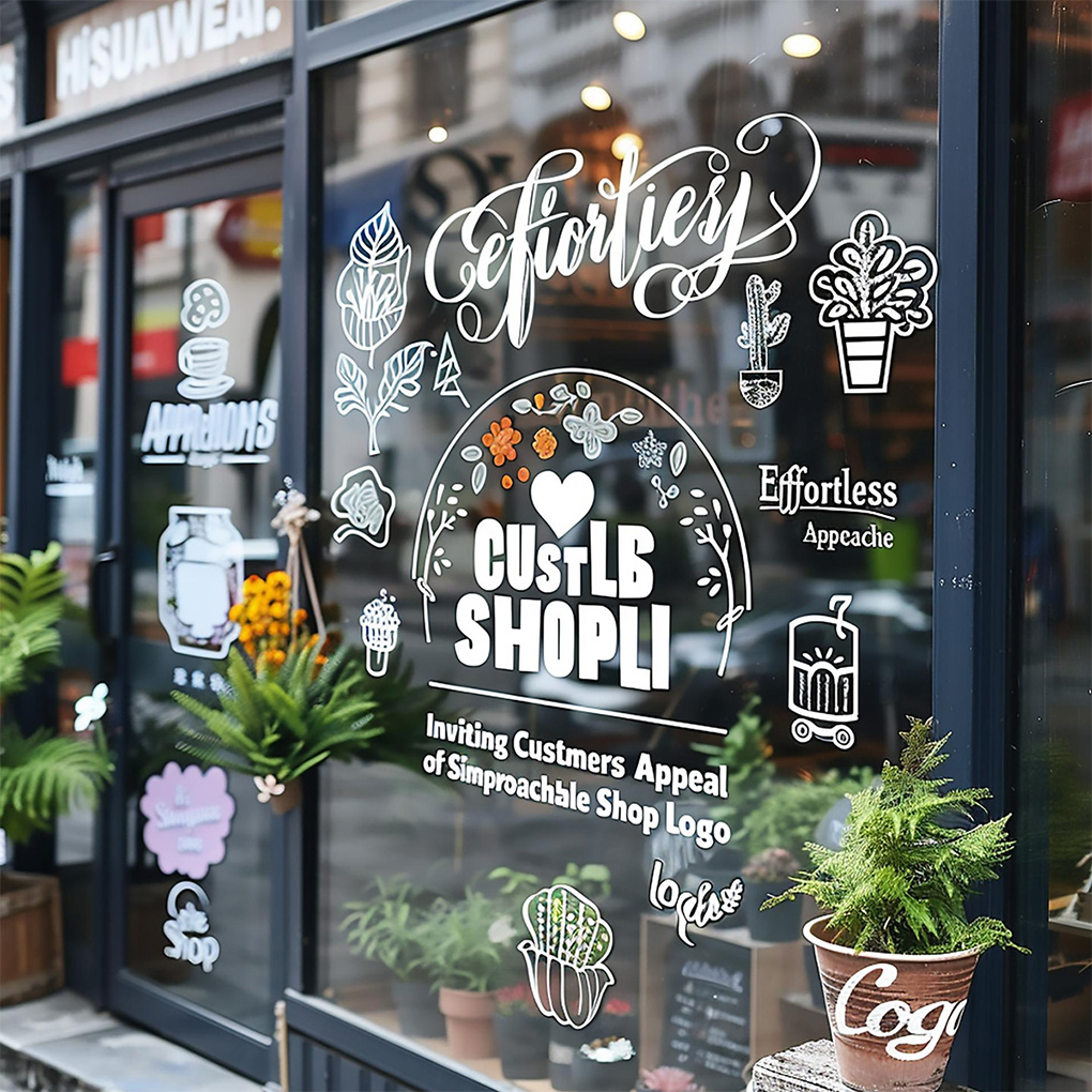 Custom vinyl cut graphics and logo stickers for retail shop window branding in Dubai