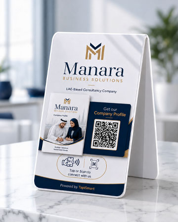 Customized NFC business stand with QR code for digital company profile in Dubai